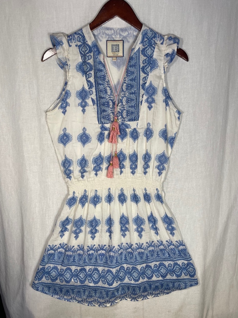 Bell Silk Sleeveless White Dress with Blue Embroidered Print and Tassel Tie